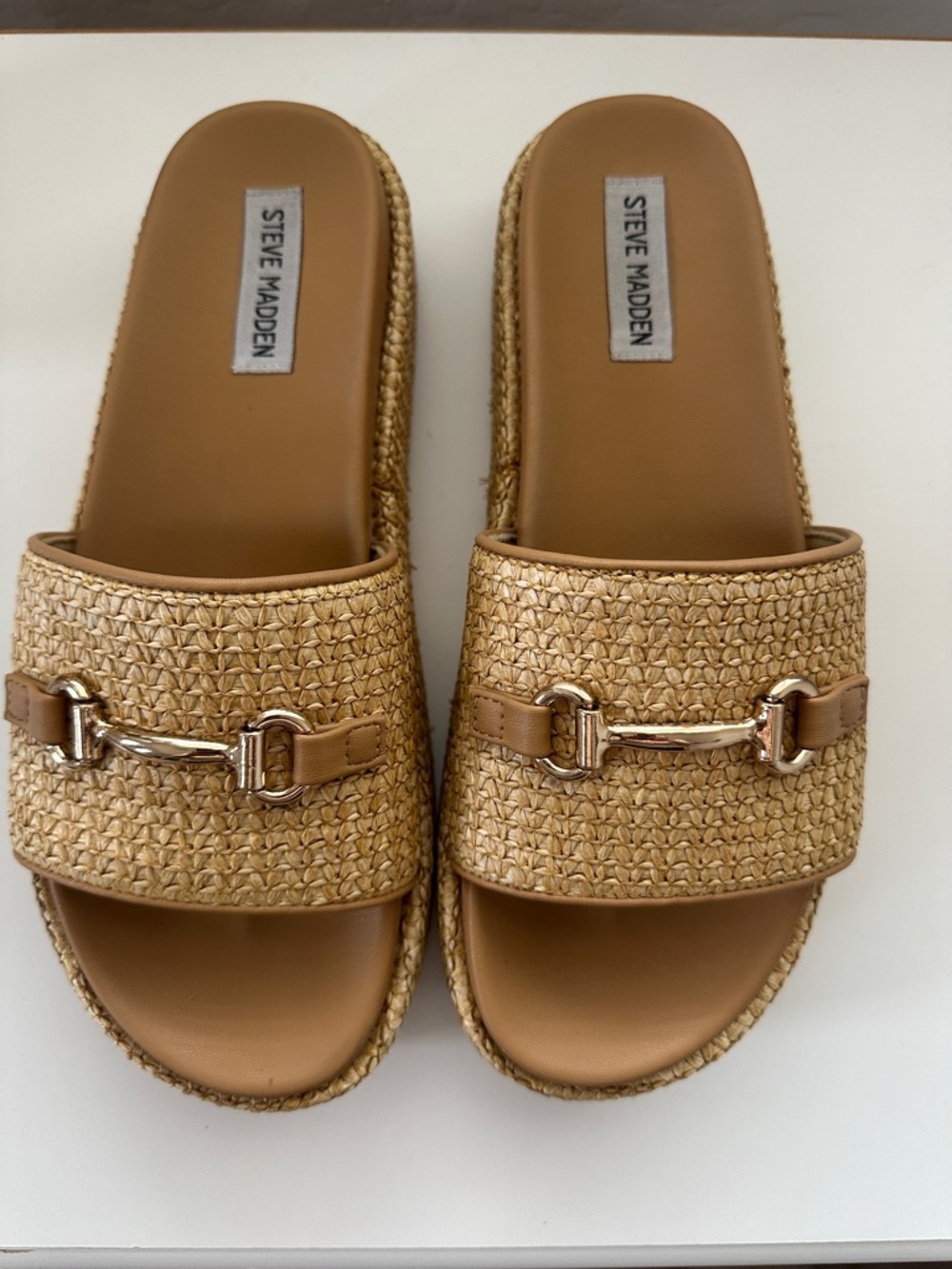Steve Madden Kayley Natural Raffia Slide Sandals with Gold Hardware Size 9